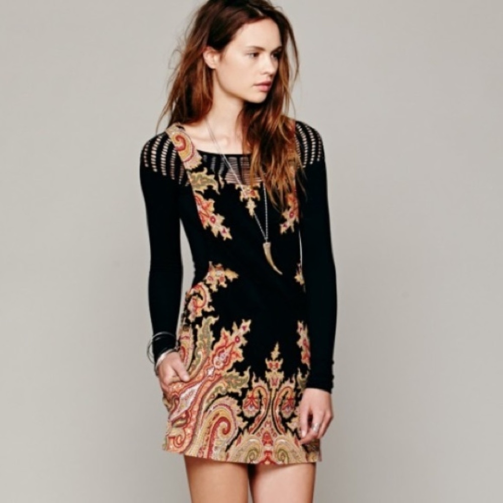 New Free People paisley brocade corduroy textured pinafore overalls minidress
